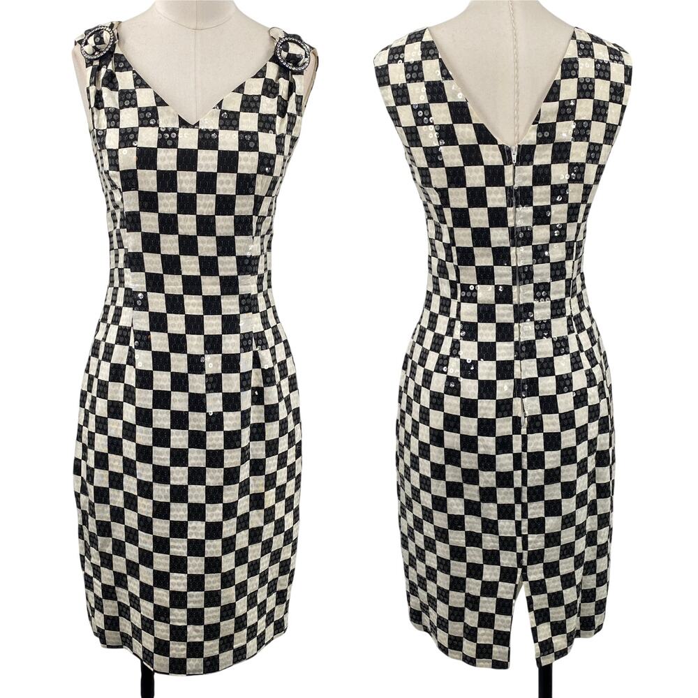 Vintage 80s 90s Sequined Checkerboard Cocktail Dress Sheath O Ring Black Ivory 4
